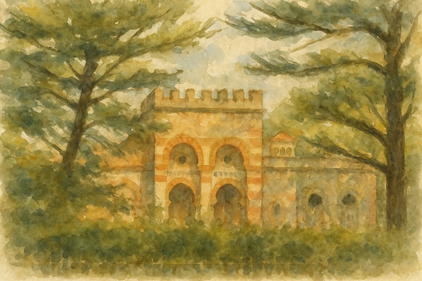 Watercolor of the Quinta do Relógio galilé — three horseshoe arches beneath the crenellated pavilion, seen through the pines. After a photograph by Gryffindor (Wikimedia Commons, CC BY-SA 4.0).